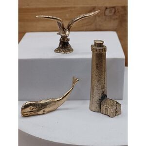 Vintage Set Of 3 Ocean Miniatures Pewter Figurines Sea Hawk, Whale, Lighthouse